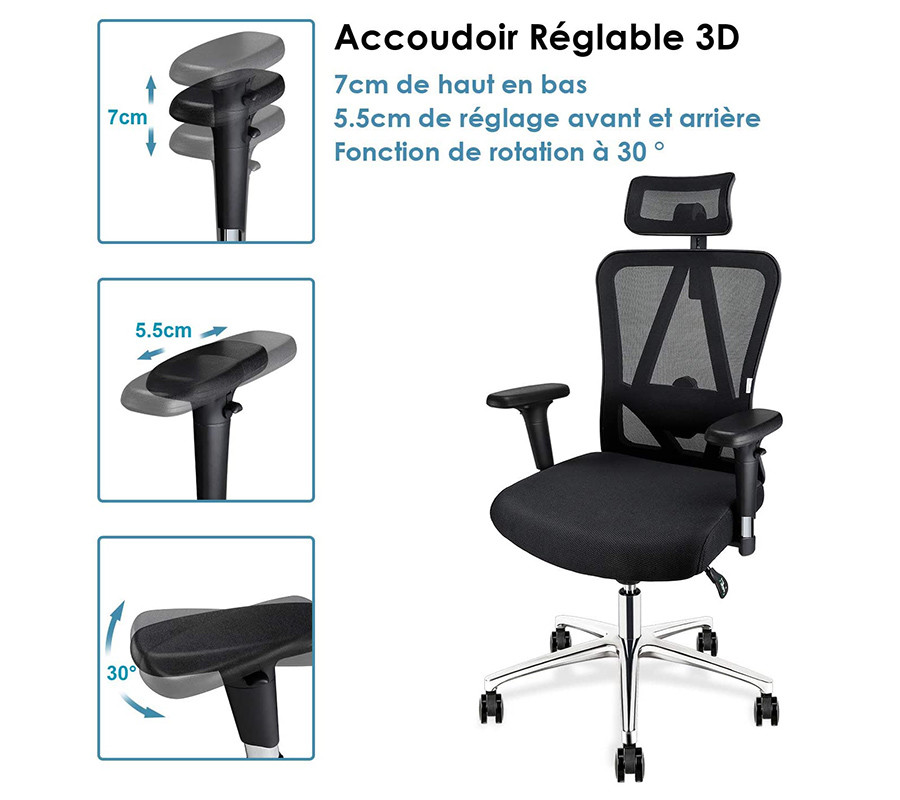 mfavour Chaise de Bureau Pivotante Siège Confortable Fauteuil Ergonomique avec 3D Accoudoirs