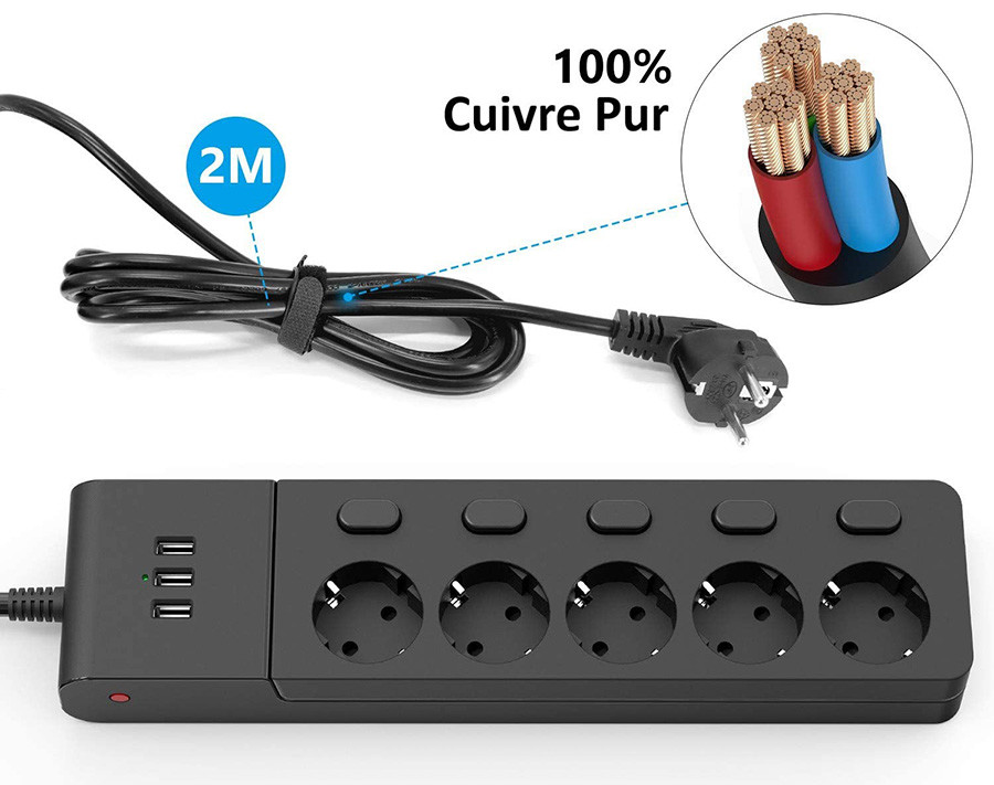 Multiprise Parafoudre et Surtension - Multiprise Électrique avec 5 Ports USB  et 12 Prises, 3 Interrupteurs - Couleur Noir.