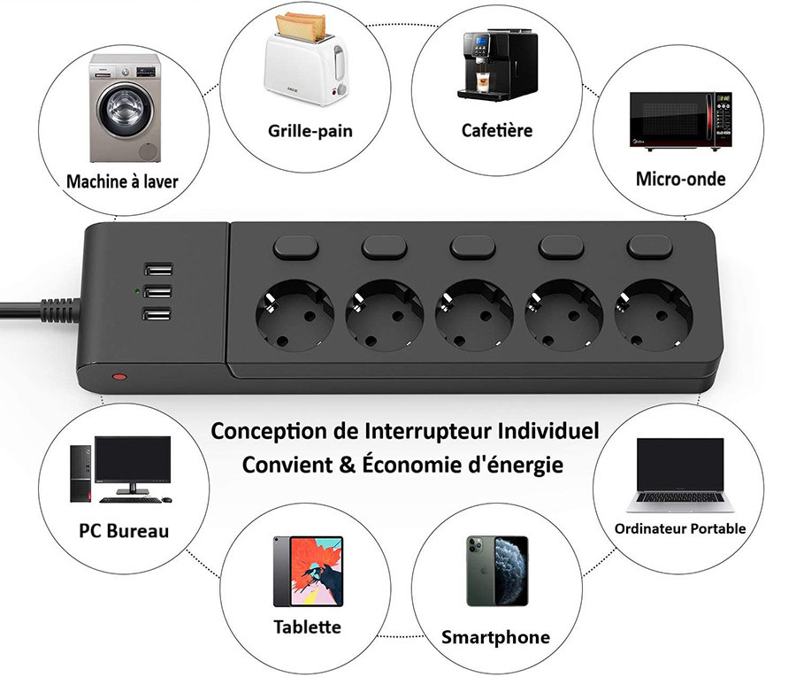 Comparatif MiiKARE Multiprise Parasurtenseur avec 5 Prises Interrupteur Individuel, 3 USB Ports Multiprises Parafoudre