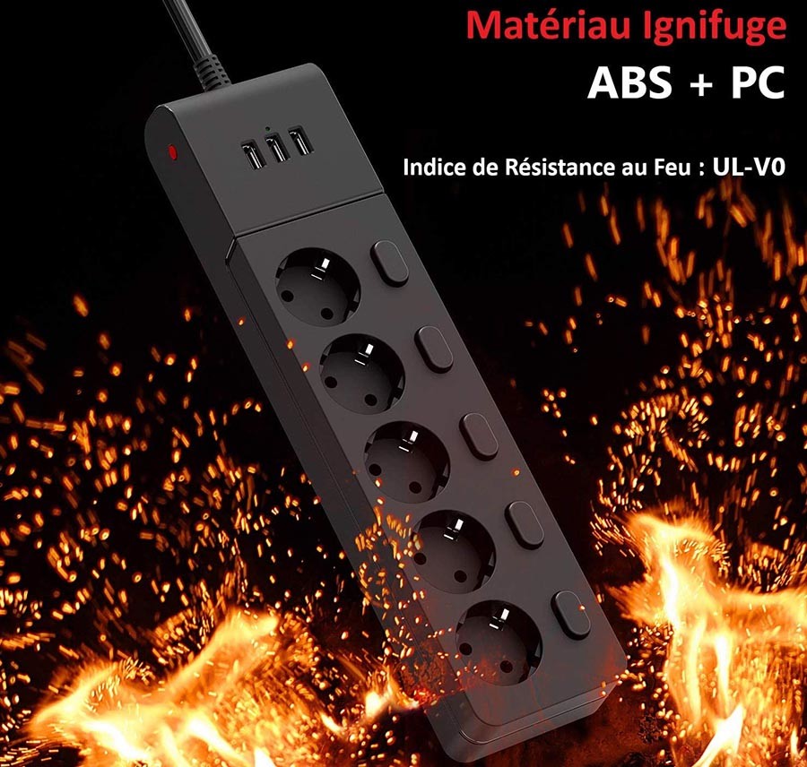 MiiKARE Multiprise Parasurtenseur avec 5 Prises Interrupteur Individuel, 3 USB Ports Multiprises Parafoudre