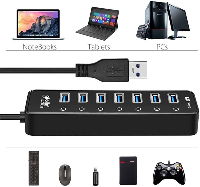 Details Test complet du Hub USB 3.0 Atolla 7 Ports avec Interrupteurs Individuels et Alimentation 5V4A
