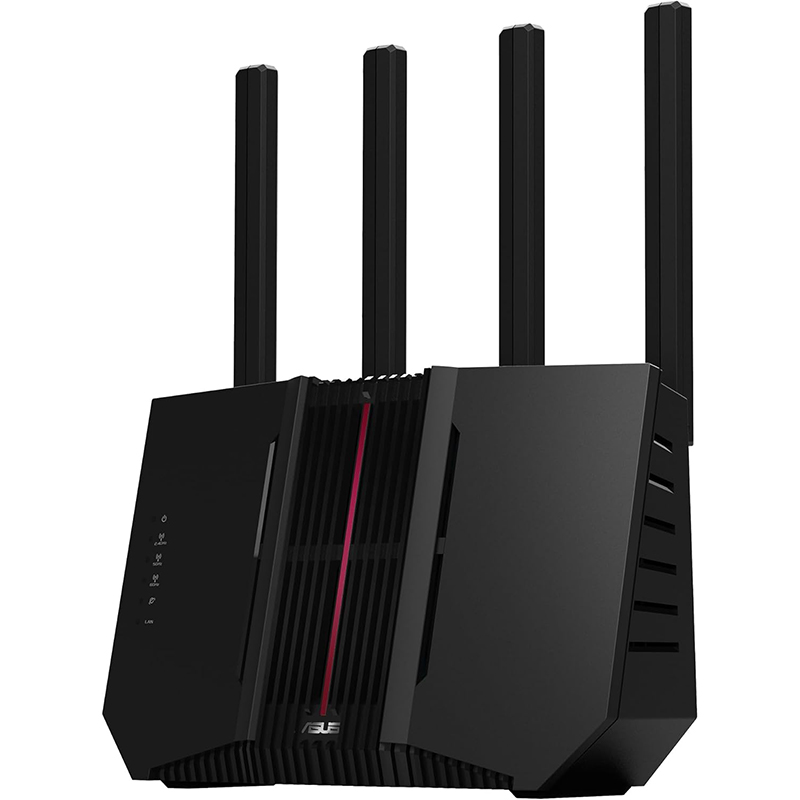 La face avant du routeur ASUS RT-BE92U révèle un châssis anguleux avec grille de ventilation centrale et indicateurs LED discrets.