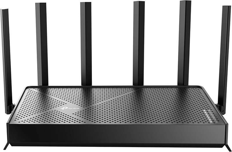 TP-Link Archer BE400 vu de face, avec son panneau avant clair et ses voyants lumineux distincts.