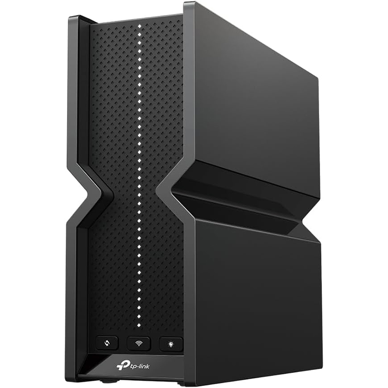 Le TP-Link Archer BE550 BE9300 vu de face, mettant en avant son design compact et ses voyants lumineux.