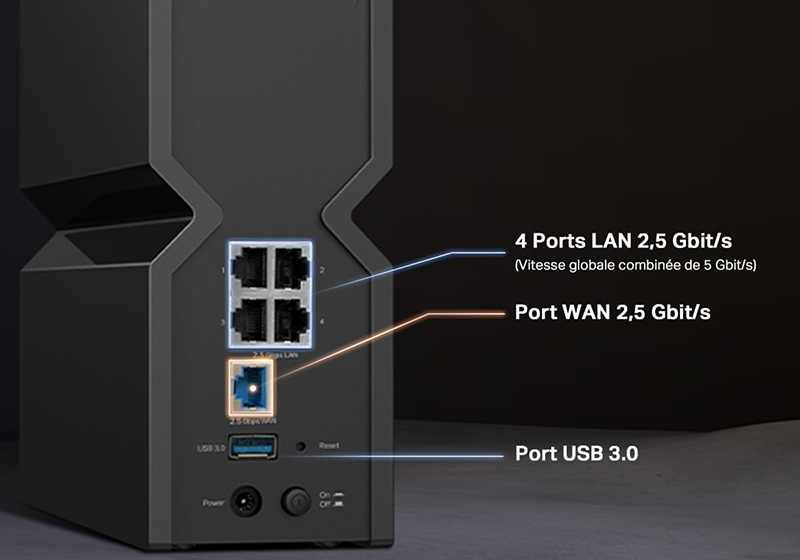 Les ports LAN et les options de connectivité du TP-Link Archer BE550 BE9300 clairement visibles pour les configurations réseau.
