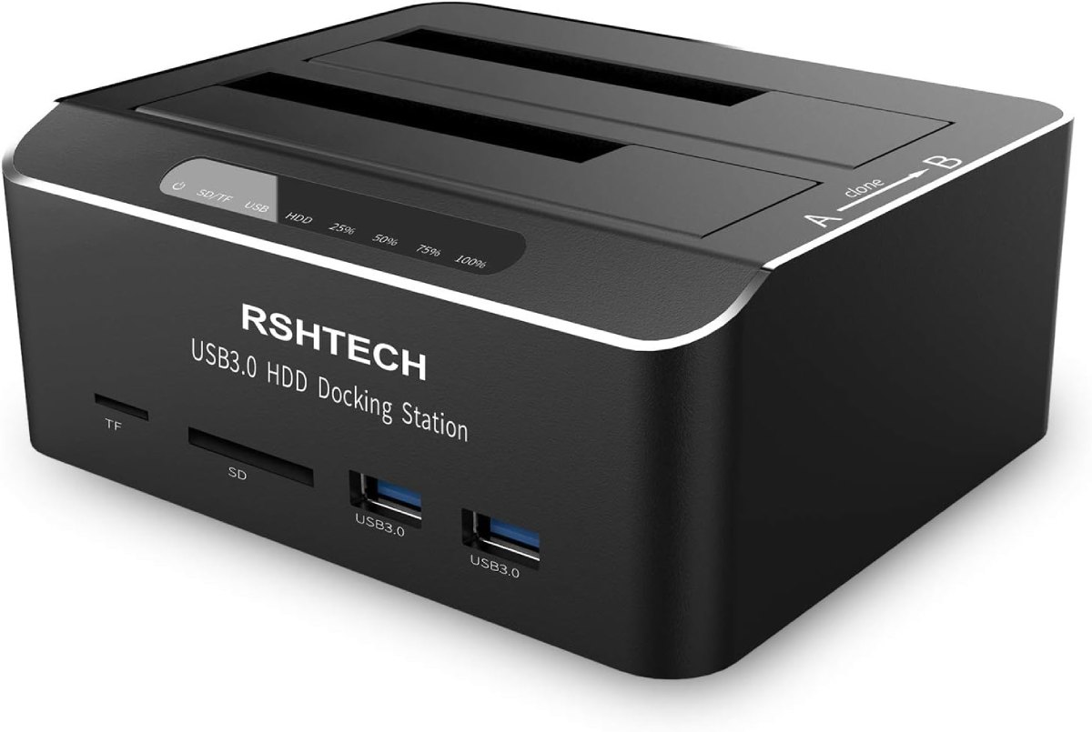 Station d’accueil double baie RSHtech USB 3.0 pour disques durs SATA avec lecteur SD et ports USB