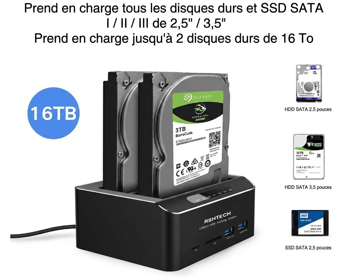 Dock double baie RSHtech compatible disques durs et SSD SATA 2,5 et 3,5 pouces jusqu’à 16 To