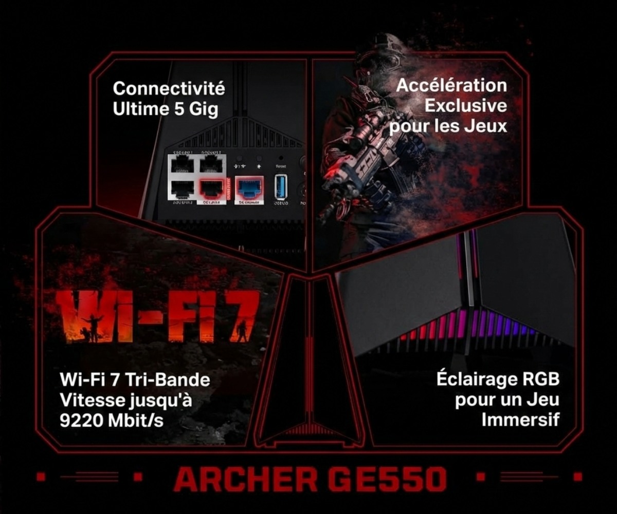 TP-Link Archer GE550 routeur gaming WiFi 7 avec ports 5 Gig, RGB et fonctions d’accélération jeu