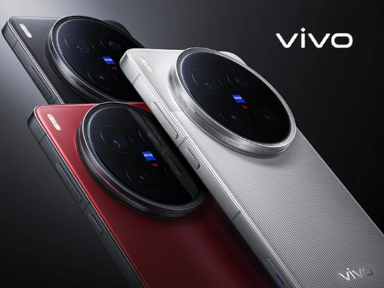 Présentation des trois coloris du Vivo X300 Ultra (noir, rouge et gris titane) mettant en avant l'imposant module photo circulaire avec le logo bleu Zeiss, sur des coques à la texture striée élégante.