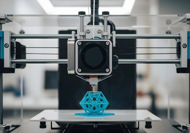 Imprimante 3D de précision en plein travail sur une structure géométrique bleue, illustrant la nécessité d'outils de finition et de mesure pour un résultat professionnel.