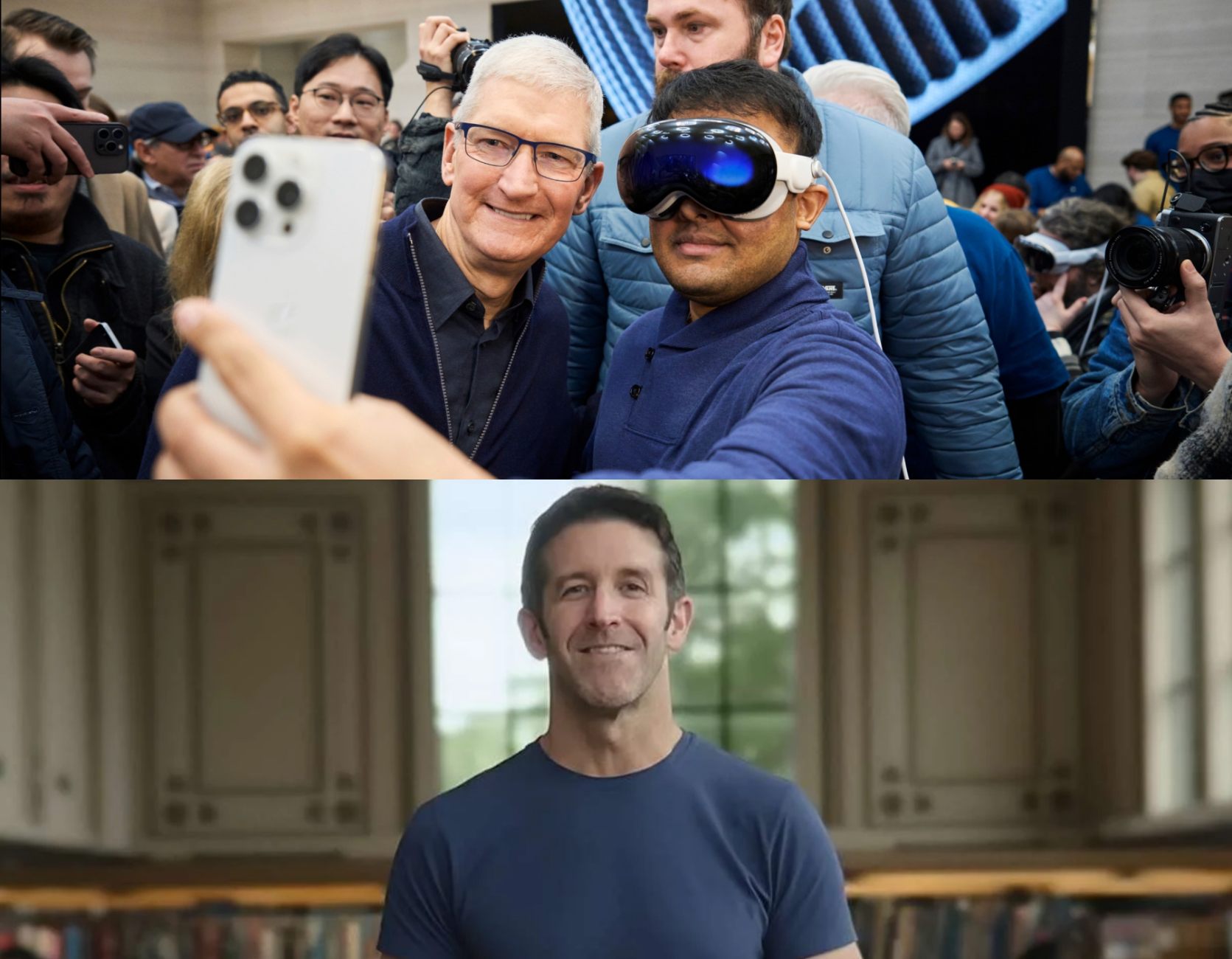 Montage montrant en haut Tim Cook posant avec un utilisateur du Vision Pro lors d'un lancement, et en bas, le portrait de John Ternus, pressenti pour devenir le prochain CEO d'Apple et acter l'abandon du casque de réalité mixte.