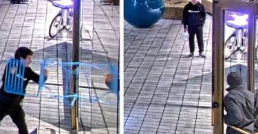 Images de vidéosurveillance montrant Daniel Moreno-Gama utilisant une chaise bleue pour tenter de briser les portes vitrées du siège d'OpenAI à San Francisco.