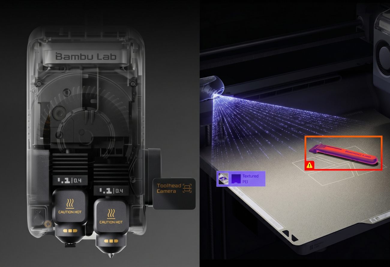 Vue éclatée technique de la Bambu Lab X2D : à gauche, la tête d'impression unique intégrant deux buses de 1.1 mm et 0.4 mm avec caméra de contrôle embarquée. À droite, le système de détection d'erreur par intelligence artificielle qui identifie un objet étranger sur le plateau d'impression PEI texturé