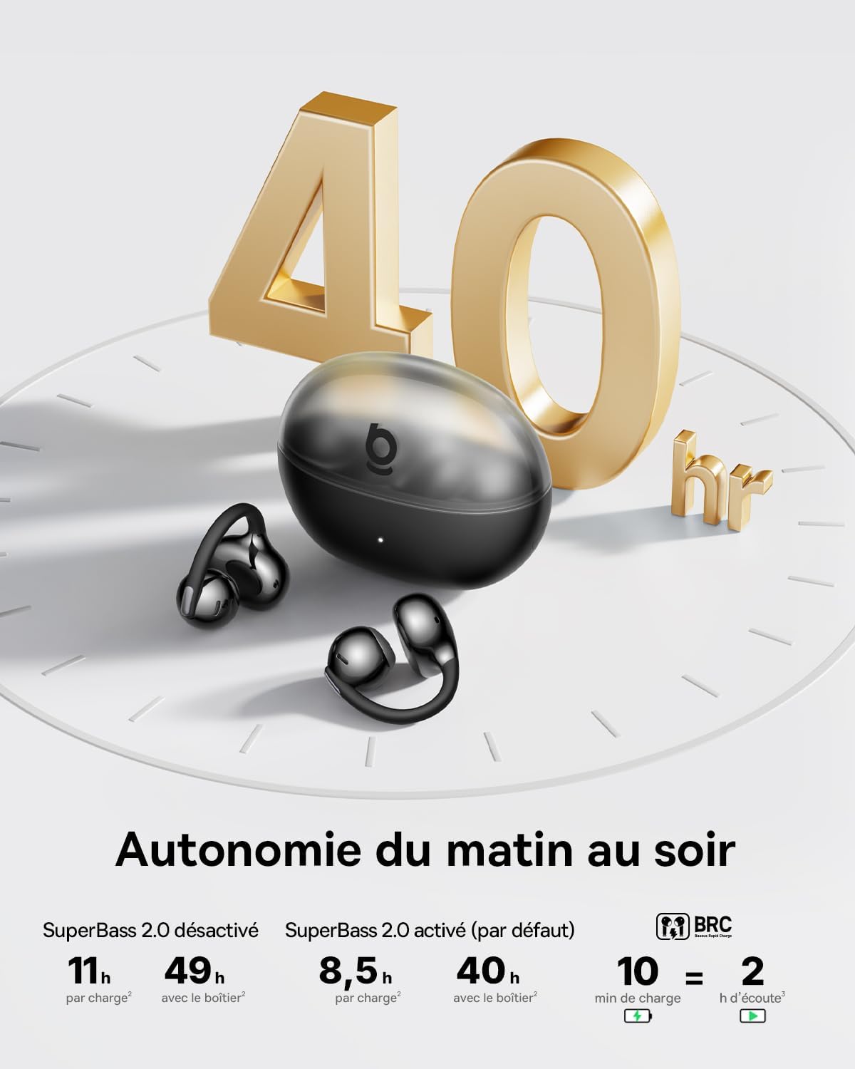 Infographie en français du Baseus MC2 montrant les écouteurs clip-on noirs avec leur boîtier de charge devant un grand 40 hr en relief doré, présentant les autonomies détaillées : 11 heures par charge ou 49 heures avec boîtier sans SuperBass 2.0, 8,5 heures par charge ou 40 heures avec boîtier avec SuperBass 2.0 activé par défaut, et la charge rapide BRC qui offre 2 heures d'écoute après seulement 10 minutes de charge