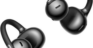 Paire d'écouteurs clip-on open-ear Baseus MC2 en finition noire brillante présentés sur fond blanc studio, montrant le crochet d'oreille en alliage nickel-titane avec accent argenté, la coque transducteur ovoïde et le module de lest arrière qui équilibre la structure