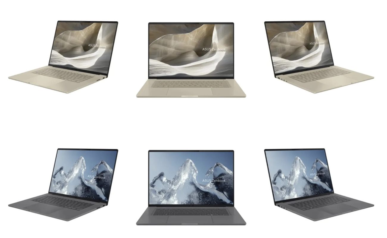 Vue d'ensemble des différents coloris (beige sable et gris anthracite) du laptop ASUS 16 pouces sous plusieurs angles, mettant en avant son design fin et son écran OLED bord à bord.