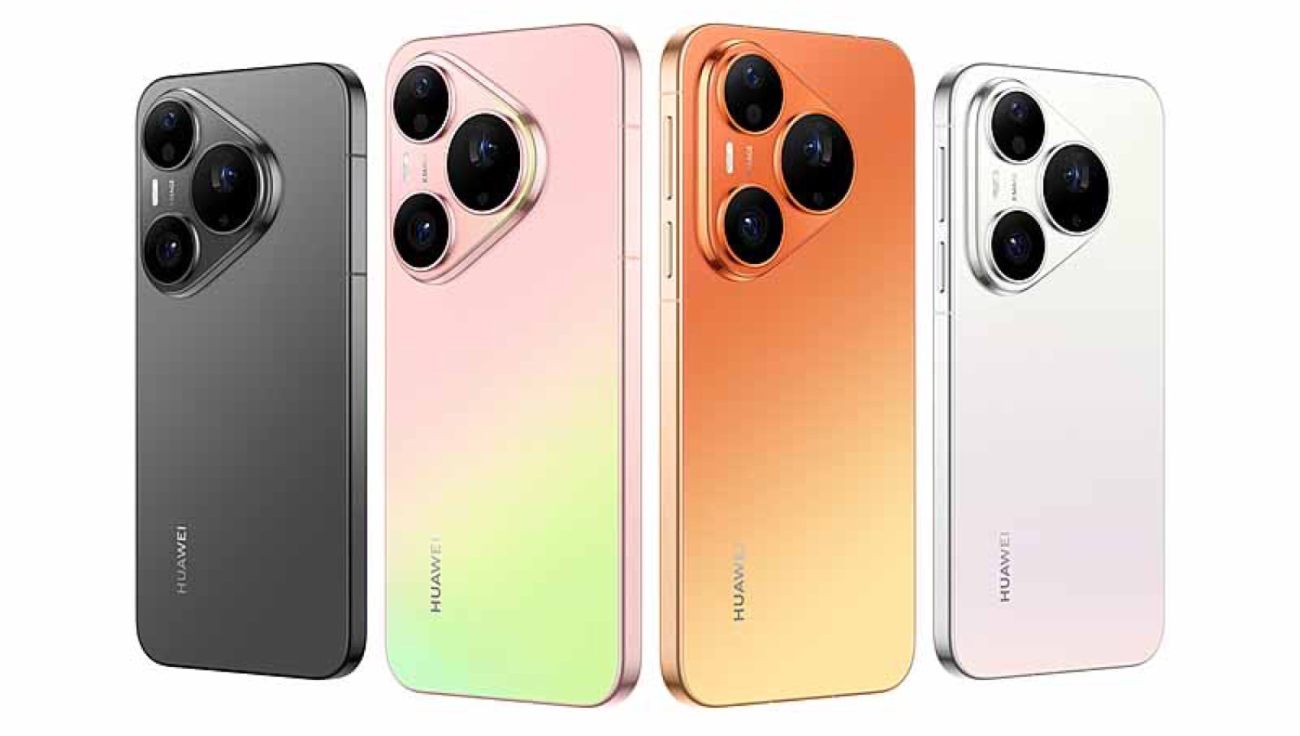 Gros plan sur le dos du Huawei Pura 90 Pro montrant son module photo triangulaire distinctif et son dégradé de couleurs allant de l'orange au bleu nacré.