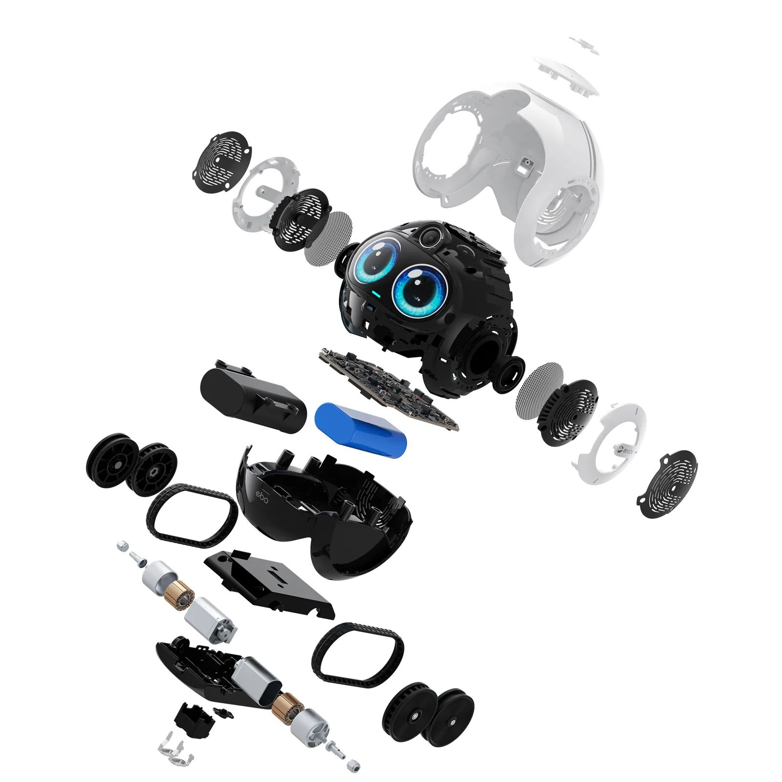 Vue éclatée technique du robot Enabot EBO Max révélant ses composants internes : carte mère, batterie lithium-ion bleue, moteurs de propulsion, roues, capteurs et la caméra 4K centrale avec les yeux numériques.