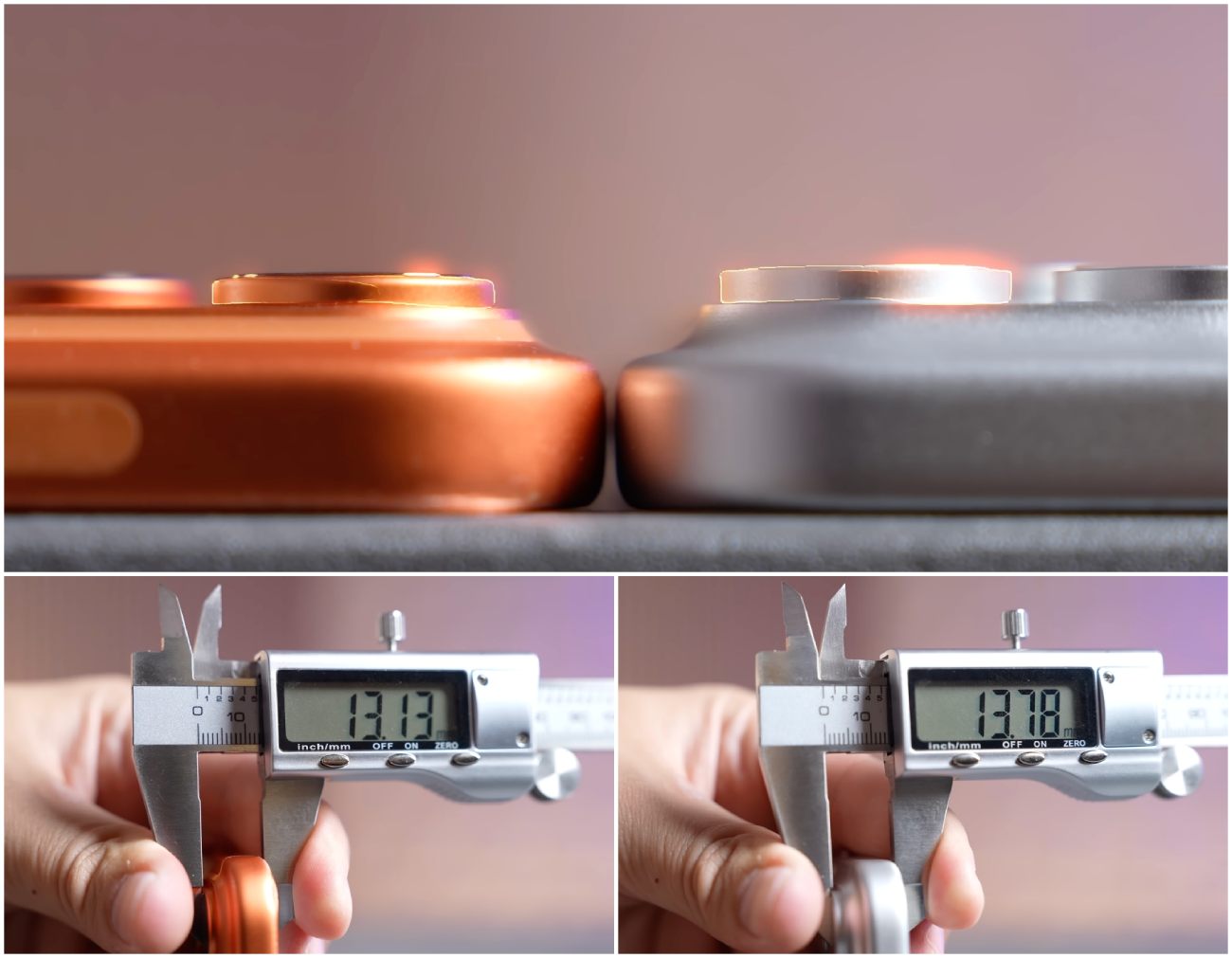 Montage photo technique montrant deux modules de caméra de smartphone, l'un orange/cuivre et l'un gris. Les images inférieures montrent un pied à coulisse numérique mesurant l'épaisseur exacte de chaque module : 13.13 mm pour le module orange et 13.78 mm pour le module gris.