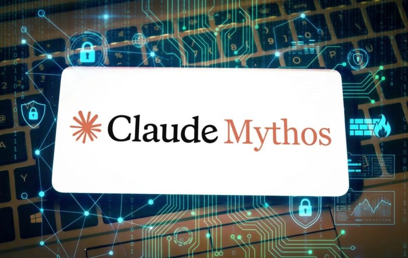 Logo Claude Mythos affiché sur un écran au-dessus d'un clavier d'ordinateur portable, entouré d'une superposition graphique de circuits numériques, de cadenas de sécurité et d'icônes de pare-feu illustrant une cyberattaque.