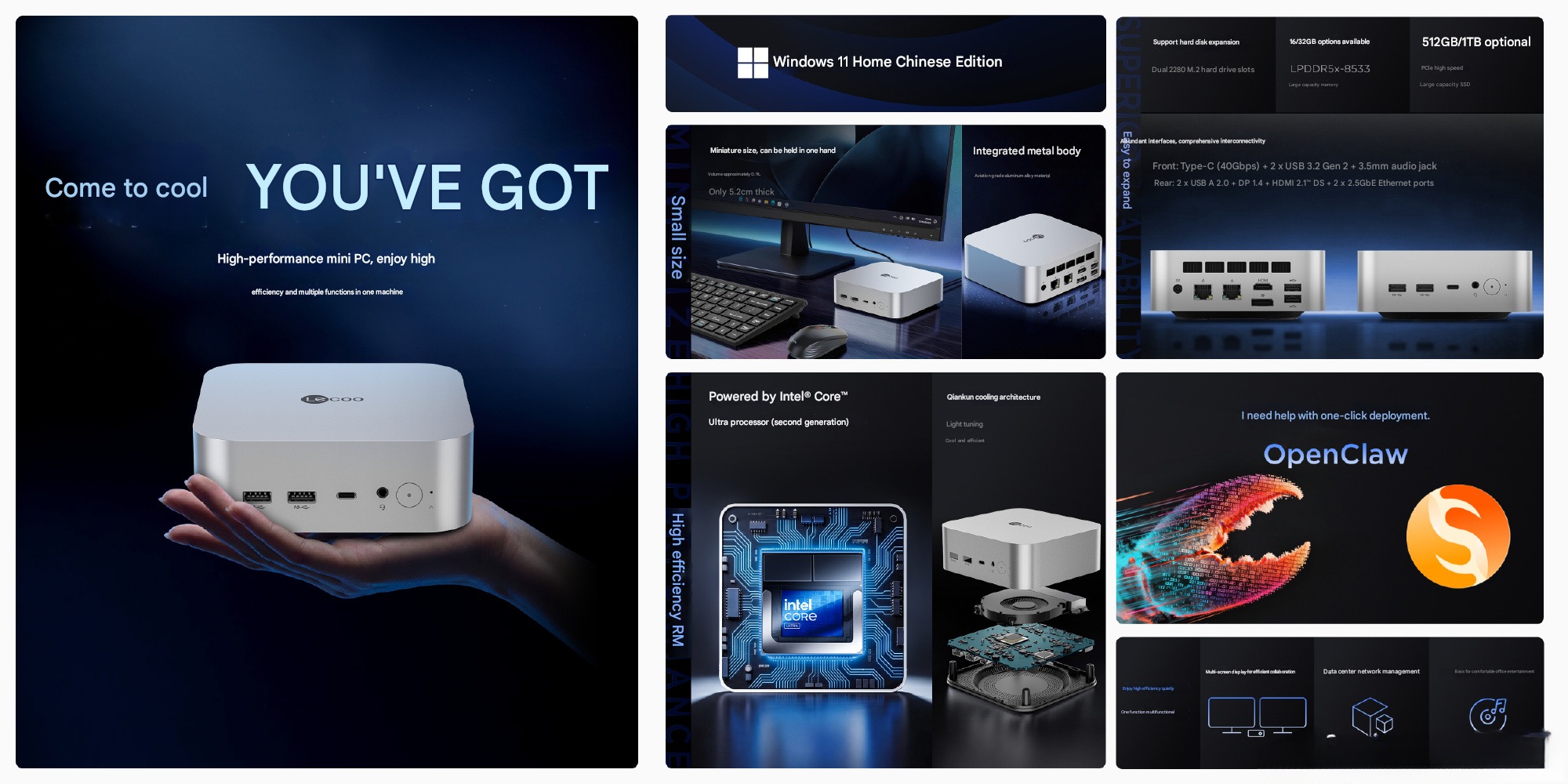 Infographie détaillée des caractéristiques du mini PC Lenovo : processeur Intel Core Ultra de 2ème génération, mémoire LPDDR5x-8533, double slot SSD M.2, ports Thunderbolt 4 (40Gbps) et système de déploiement OpenClaw sous Windows 11.
