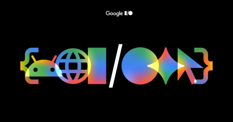 Logo officiel Google I/O avec des icônes stylisées en dégradé de couleurs représentant Android, le web, la recherche, un curseur et des accolades de programmation sur fond noir.