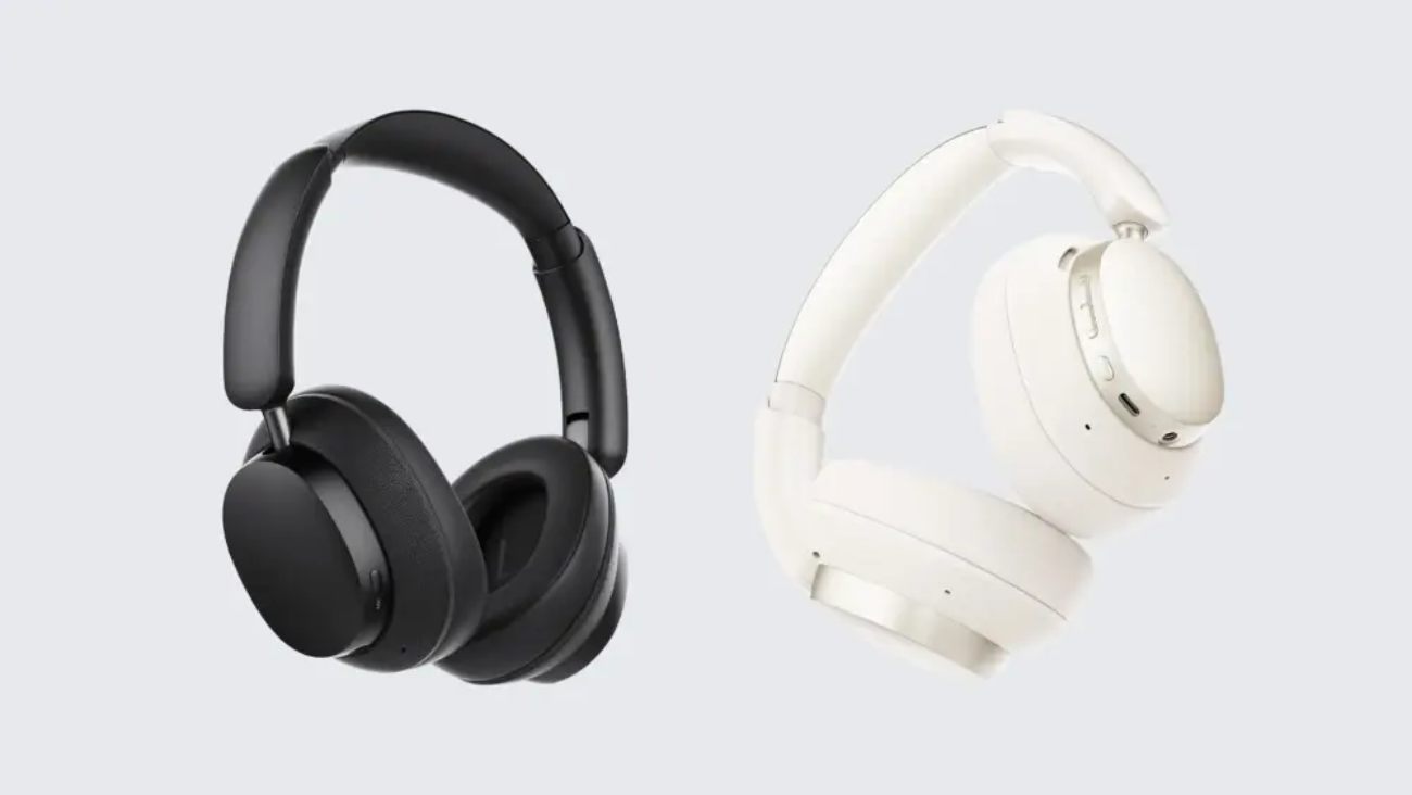 Casques Honor Choice Codeler Headphones 2 présentés en deux coloris côte à côte sur fond gris clair : modèle noir mat à gauche en vue de face avec coussinets en cuir, modèle blanc ivoire à droite en vue de trois-quarts montrant les boutons physiques et les microphones intégrés sur la coque