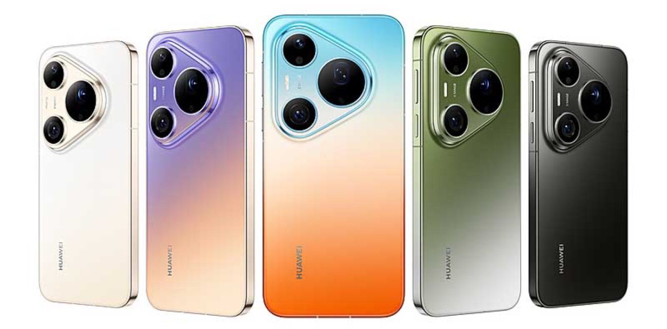 Vue d'ensemble des cinq coloris du Huawei Pura 90 Pro Max alignés sur fond blanc : blanc nacré, violet dégradé pêche, le coloris dégradé "héros" bleu-orange (comme image_0.png), vert olive et noir mat. Tous montrent le design unique du module caméra.