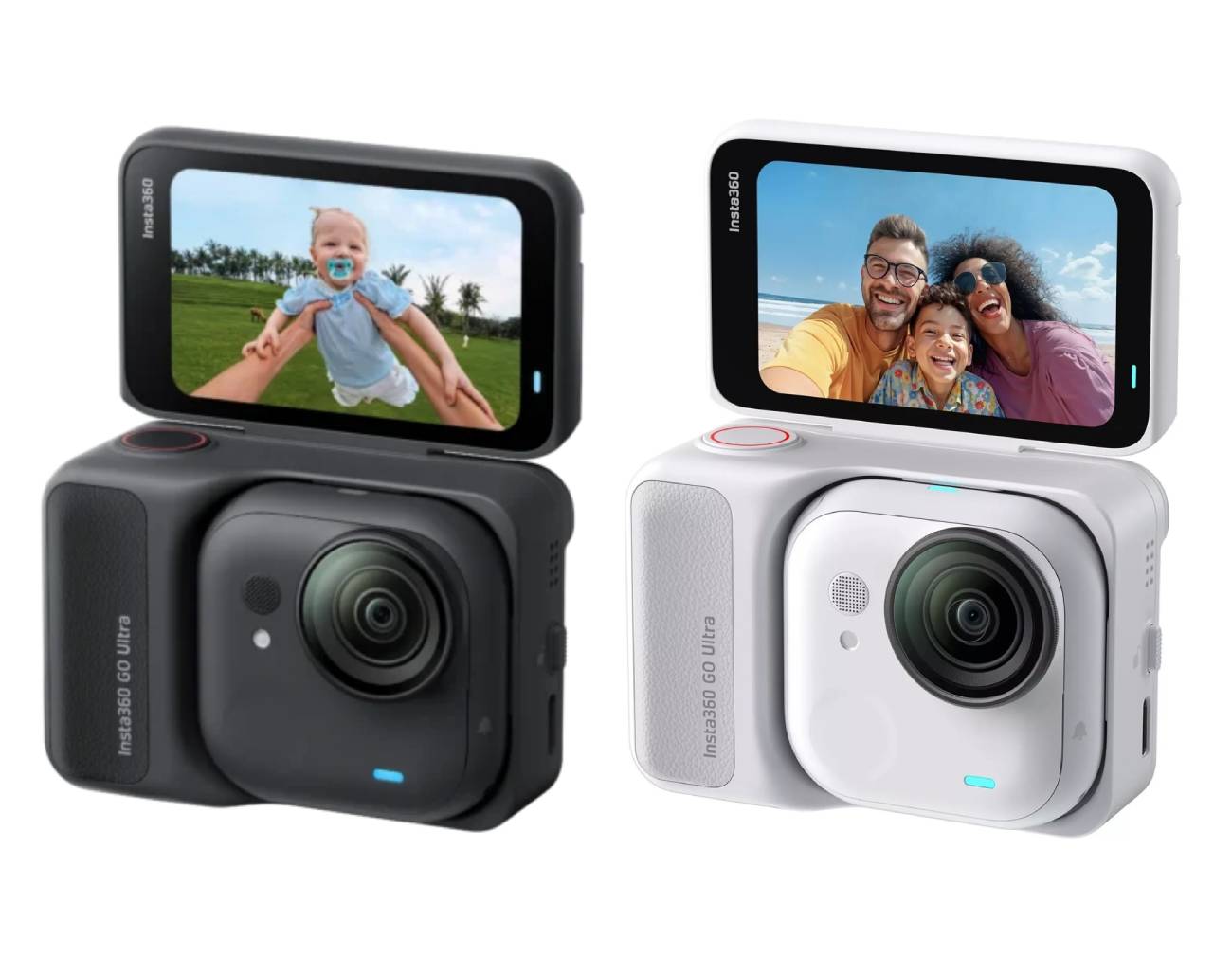 Présentation côte à côte des deux coloris standard de l'Insta360 Go Ultra : le modèle Midnight Black (noir mat) à gauche affichant un bébé sur l'écran, et le modèle Arctic White (blanc) à droite montrant un selfie de famille. Les deux caméras sont montées dans leur Action Pod avec l'écran à clapet relevé. Le marquage "Insta360 GO Ultra" est visible sur les deux poignées.