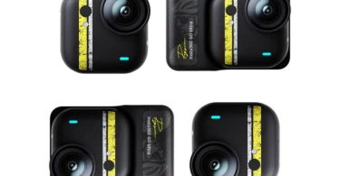 Vue de face et de dos de la nouvelle Insta360 Go Ultra en version noire mate avec des bandes racing jaunes et blanches asymétriques. L'image montre la caméra seule et insérée dans son Action Pod, avec les marquages "Insta360 GO Ultra" et le logo de l'édition spéciale visible.