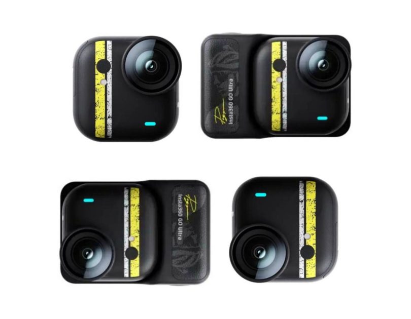 Vue de face et de dos de la nouvelle Insta360 Go Ultra en version noire mate avec des bandes racing jaunes et blanches asymétriques. L'image montre la caméra seule et insérée dans son Action Pod, avec les marquages "Insta360 GO Ultra" et le logo de l'édition spéciale visible.
