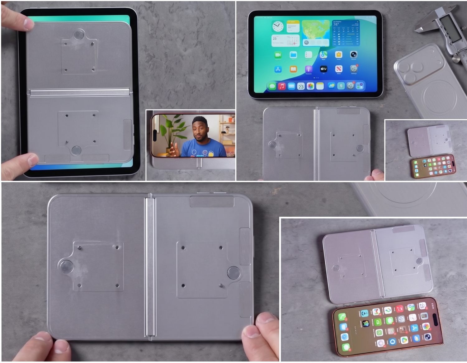 Montage photo montrant différentes vues du châssis métallique d'un iPhone pliable, incluant le mécanisme de charnière centrale, les emplacements pour les composants internes et une comparaison de taille avec un iPad Mini et un iPhone Pro.
