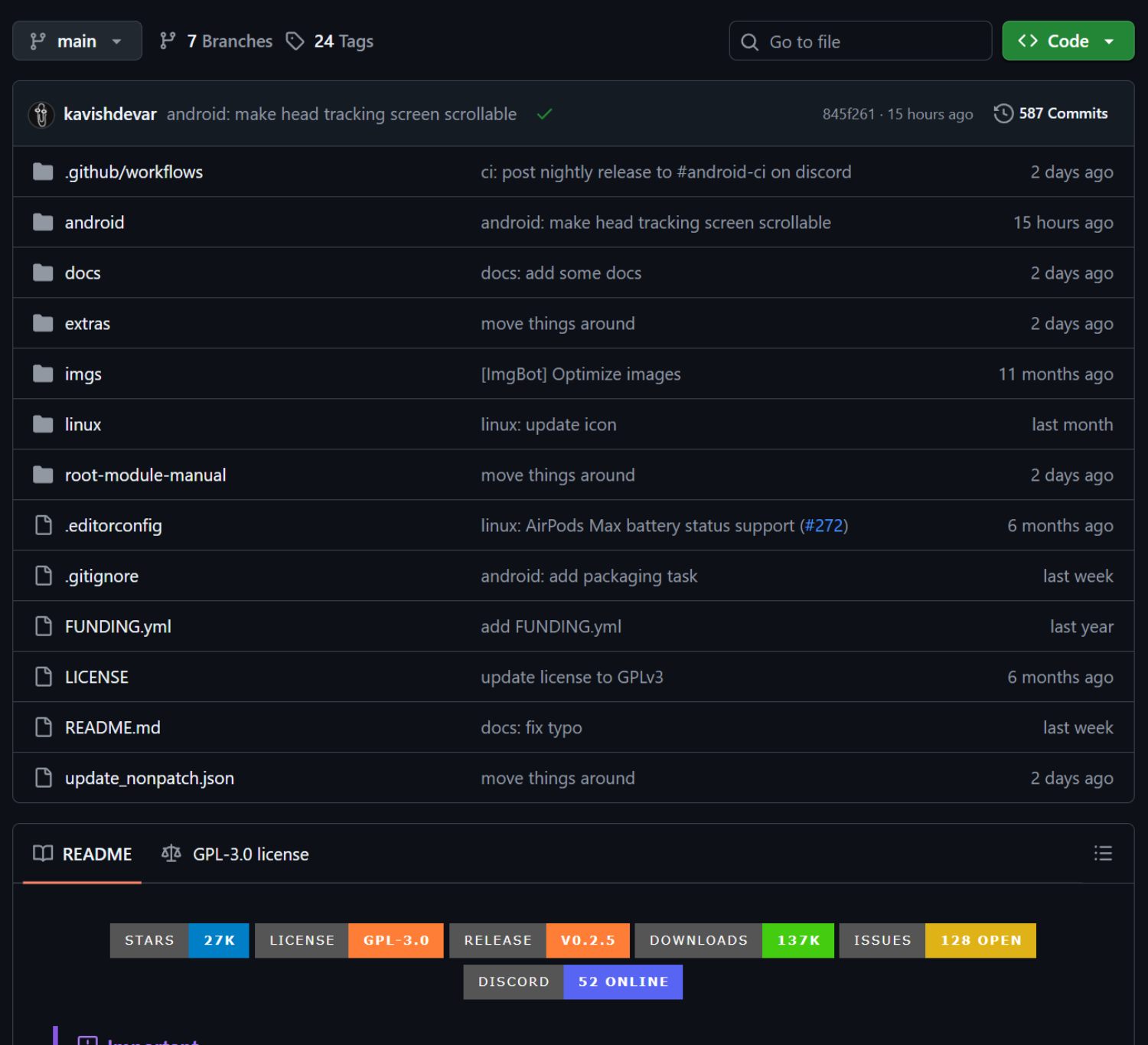 Capture d'écran du dépôt GitHub kavishdevar/librepods montrant les statistiques de notoriété du projet : 27 000 étoiles, 137 000 téléchargements, version actuelle v0.2.5, licence GPL 3.0, 587 commits, 128 issues ouvertes et serveur Discord communautaire avec 52 utilisateurs en ligne, structure des dossiers Android et Linux visible