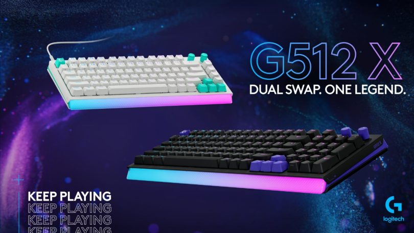 Deux claviers Logitech G512 X, l'un blanc en format 75% et l'un noir en format 98%, mettant en avant le rétroéclairage RGB dynamique et la technologie de switches interchangeables Dual Swap.