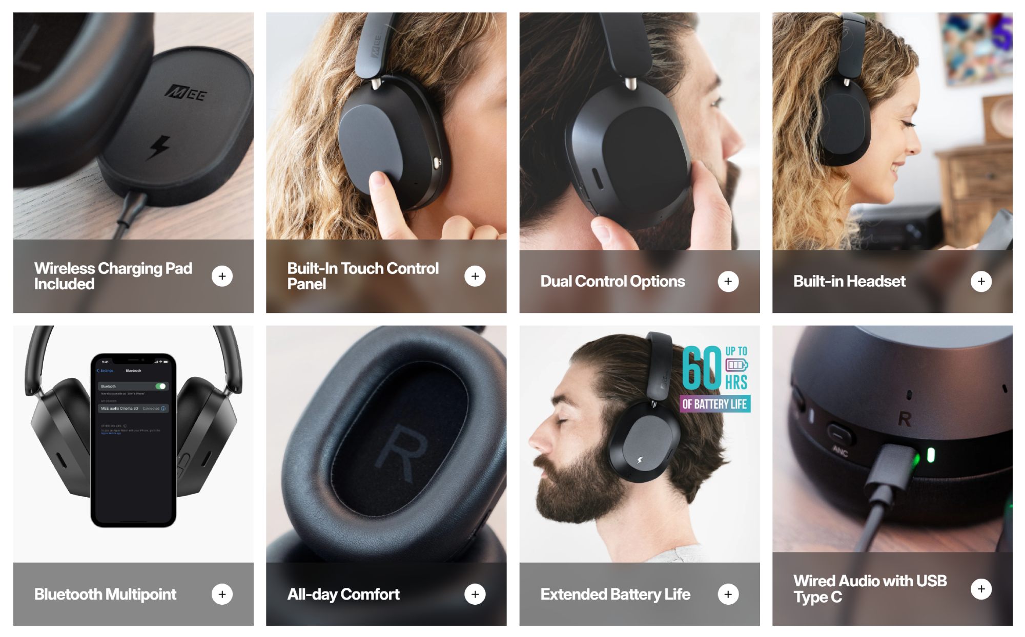 Visuel marketing officiel MEE Audio présentant les 8 fonctionnalités clés du casque Matrix Cinema 3D : pad de charge sans fil magnétique inclus, panneau tactile intégré, double système de contrôle tactile et boutons, microphone pour appels, Bluetooth multipoint avec iPhone, confort longue durée avec coussinets memory foam, autonomie 60 heures, et mode audio filaire via USB Type-C