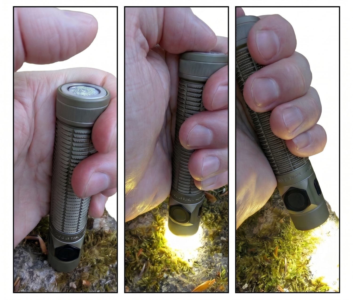 Olight Baton Ultra - séquence Momentary Turbo en 3 étapes : position, pression tail button, faisceau allumé