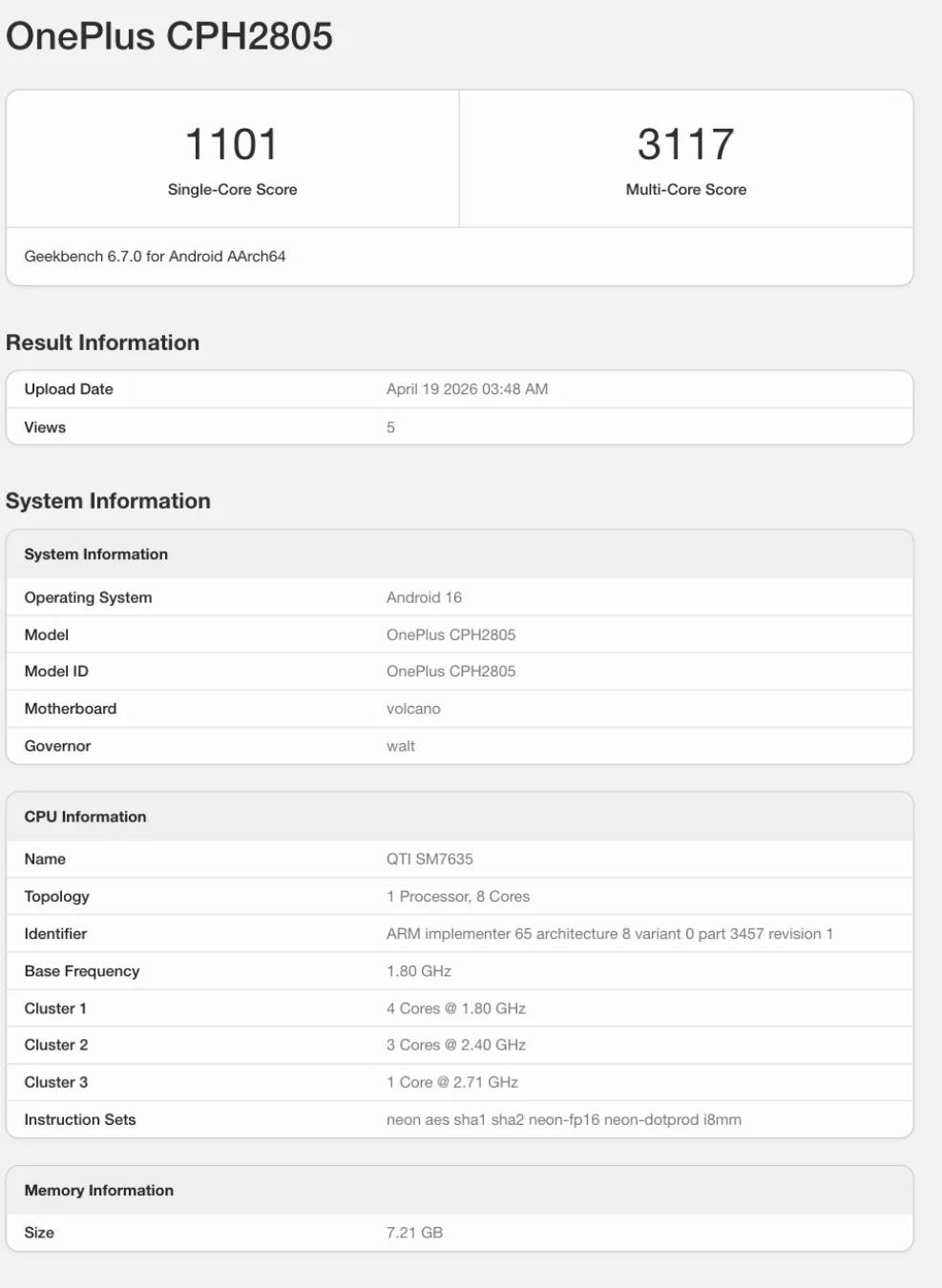 Capture d'écran du benchmark Geekbench 6 pour le OnePlus CPH2805 (Nord CE 6) affichant un score de 1101 en Single-Core et 3117 en Multi-Core, avec processeur Snapdragon 7s Gen 4 et 8 Go de RAM.