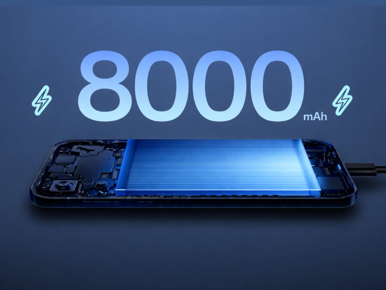 Infographie montrant les composants internes d'un smartphone OnePlus avec une mise en évidence bleue de la batterie et le chiffre "8000 mAh" écrit en grand avec des icônes d'éclairs.