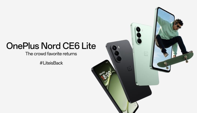 Affiche officielle du OnePlus Nord CE6 Lite montrant le design arrière vertical en coloris "Hyper Black" et "Vivid Mint", confirmant le processeur Dimensity 7400 Apex et un écran 144Hz.