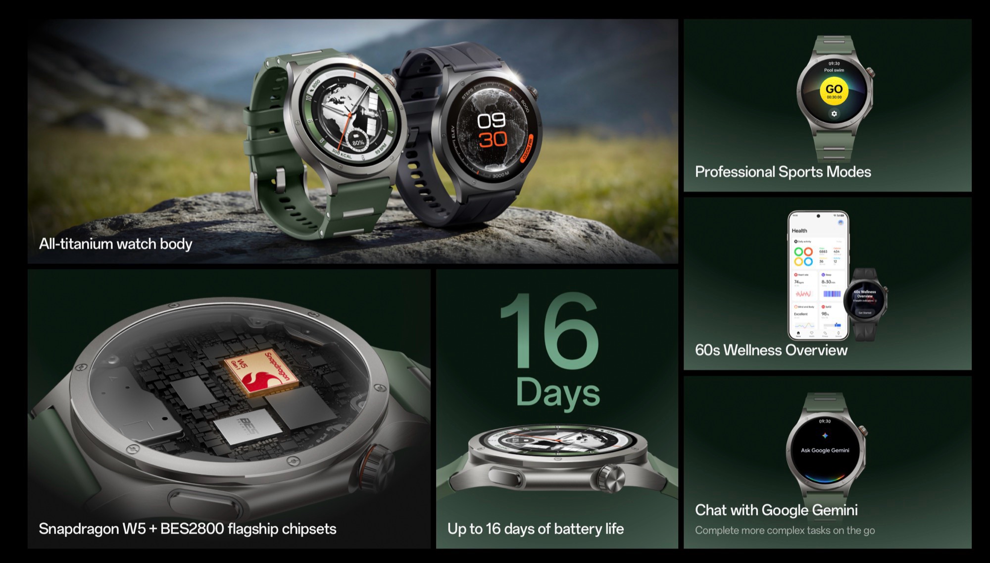 Infographie des caractéristiques de la OnePlus Watch 4 : boîtier tout en titane, puce Snapdragon W5 associée au chipset BES2800, autonomie de 16 jours, modes sportifs professionnels et intégration de Google Gemini.