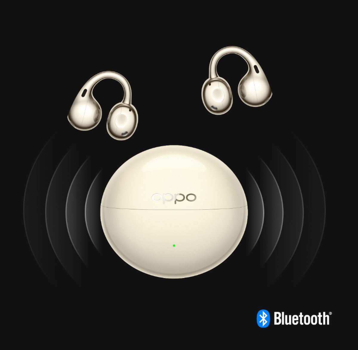 Visuel marketing des écouteurs OPPO Enco Clip2 en version Luminous Gold lévitant au-dessus de leur boîtier de charge circulaire. Des ondes sonores stylisées en arrière-plan et le logo Bluetooth illustrent la transmission haute fidélité via le codec LHDC 5.0.