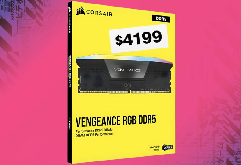 Boîtier de mémoire RAM Corsair Vengeance RGB DDR5 avec une étiquette de prix affichant 4199 dollars chez Micro Center.