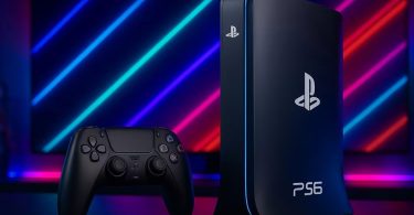 Rendu conceptuel réaliste d'une PlayStation 6 (PS6) noire et verticalement positionnée, avec un logo PS lumineux et le marquage 'PS6' à la base. À côté, une manette DualSense noire. Arrière-plan de studio de jeu avec des barres LED néon bleues et roses.