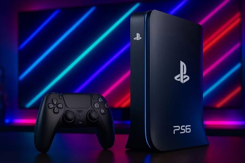 Rendu conceptuel réaliste d'une PlayStation 6 (PS6) noire et verticalement positionnée, avec un logo PS lumineux et le marquage 'PS6' à la base. À côté, une manette DualSense noire. Arrière-plan de studio de jeu avec des barres LED néon bleues et roses.