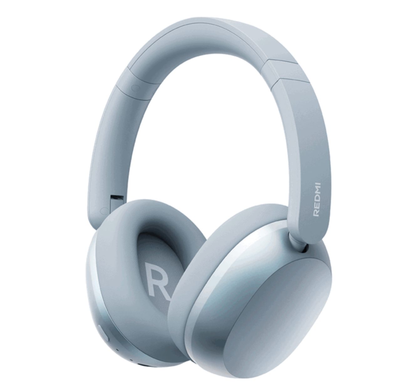 Casque Redmi Headphones Neo en finition Mist Blue bleu pastel vu de trois-quarts sur fond blanc studio, montrant le logo R à l'intérieur de la coque pour identification gauche, les boutons physiques de contrôle latéraux, le port USB-C en partie basse et les coussinets épais en mousse à mémoire de forme
