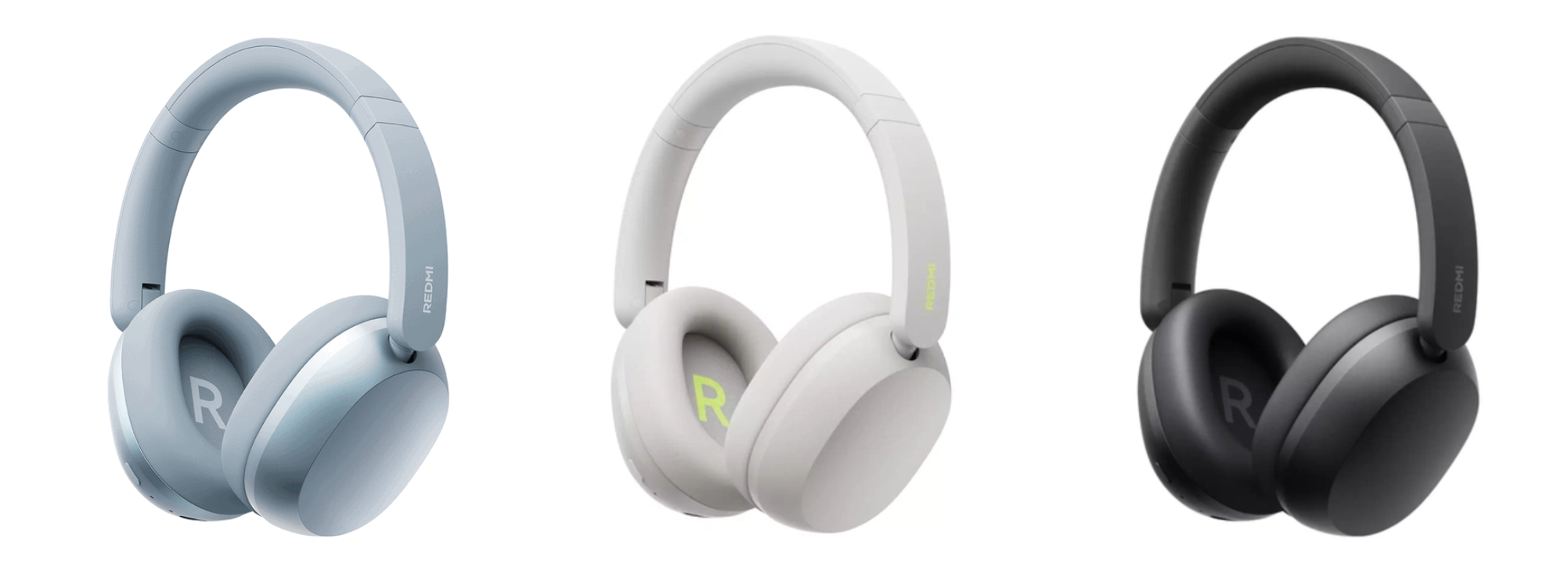 Casques Redmi Headphones Neo présentés en trois coloris officiels en packshot studio sur fond blanc : Mist Blue à gauche en finition bleu pastel, Sand White au centre en blanc avec accent jaune lime sur le logo R, et Obsidian Black à droite en noir profond avec logo R argenté
