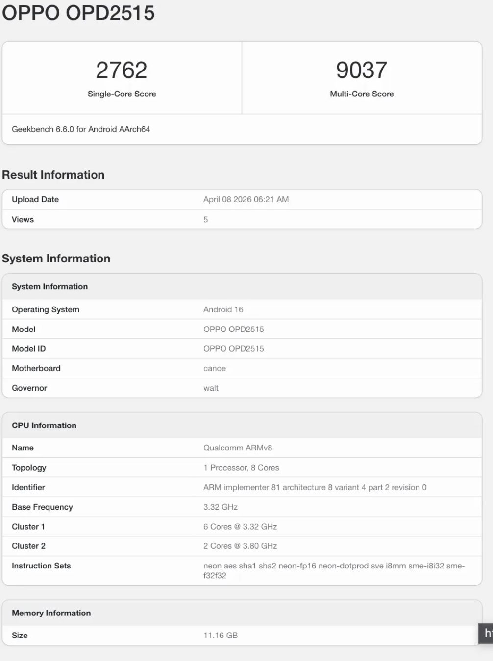Capture d'écran des résultats Geekbench 6 pour le modèle OPPO OPD2515 (Oppo Pad Mini) affichant un score Single-Core de 2762 et Multi-Core de 9037 sous Android 16.