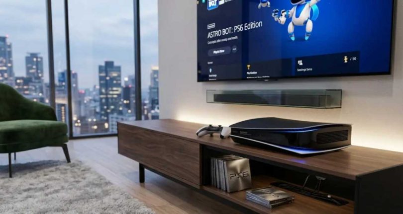 Console Sony PlayStation 6 noire et manette DualSense posées sur un meuble bois dans un salon moderne avec téléviseur affichant Astro Bot PS6 Edition et vue panoramique sur skyline urbaine de nuit