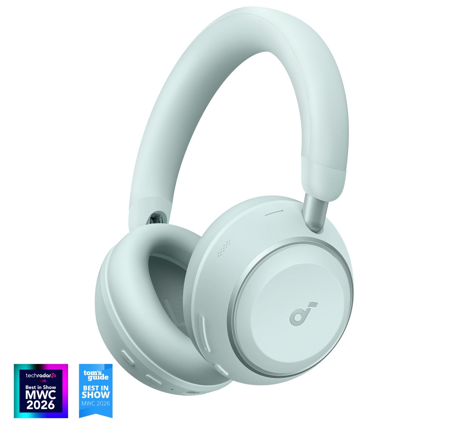 Casque Soundcore Space 2 en finition Seafoam Green vert pastel sur fond blanc studio, vue trois-quarts montrant le logo Soundcore sur la coque droite, les boutons physiques et le microphone latéral, avec les badges Best in Show MWC 2026 décernés par TechRadar et Tom's Guide