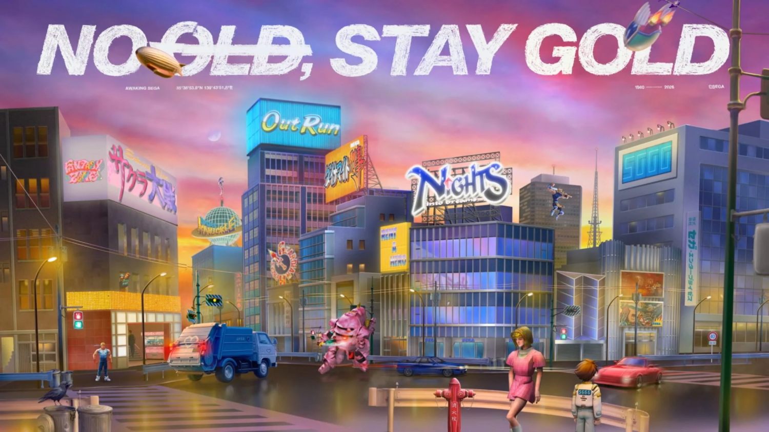 Illustration urbaine stylisée représentant l'univers des jeux vidéo classiques avec des enseignes lumineuses OutRun et NiGHTS, symbolisant la renaissance des franchises rétro.